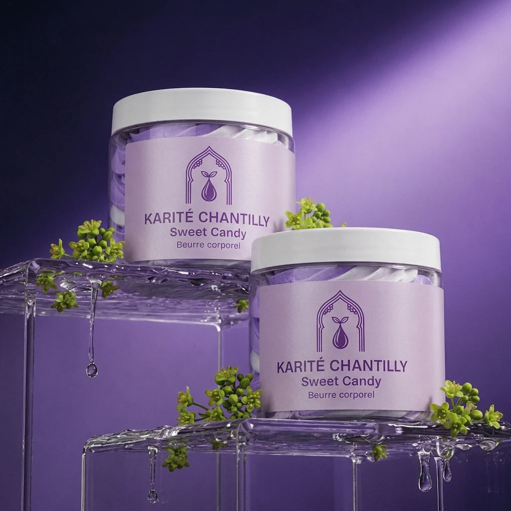 Deux pots de beurre corporel au karité Sweet Candy, étiquettes violettes, couvercles blancs.