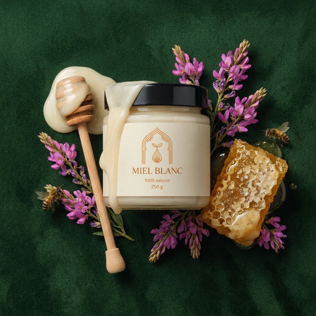 Pot de miel blanc 250 g avec miel, abeilles, fleurs violettes et morceau de rayon