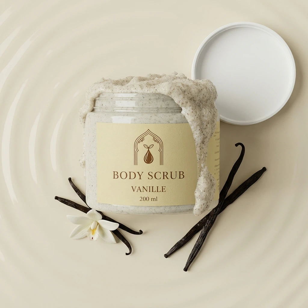 Pot de gommage pour le corps à la vanille 200 ml, couvercle blanc ouvert.