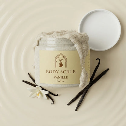 Pot de gommage pour le corps à la vanille 200 ml, couvercle blanc ouvert.