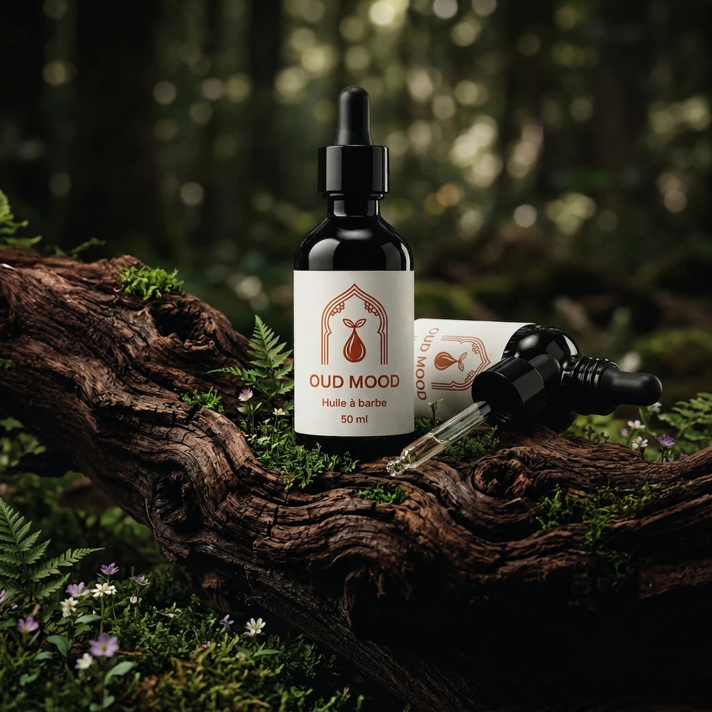 Huile à barbe Oud mood 50 ml : flacon noir à compte-gouttes et petites fioles
