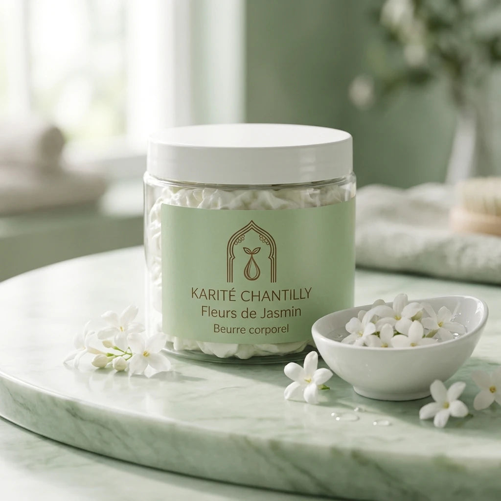 Beurre corporel au karité Fleurs de Jasmin en pot, petit bol de fleurs blanches