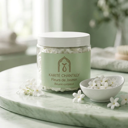 Beurre corporel au karité Fleurs de Jasmin en pot, petit bol de fleurs blanches