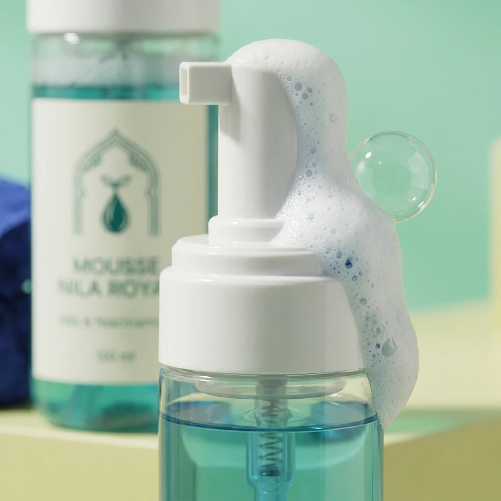 Flacon-pompe de mousse, gros plan sur la pompe blanche et le liquide bleu-vert