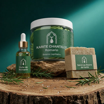 Ensemble soin au romarin : pot de beurre de karité chantilly, huile en flacon et savon.