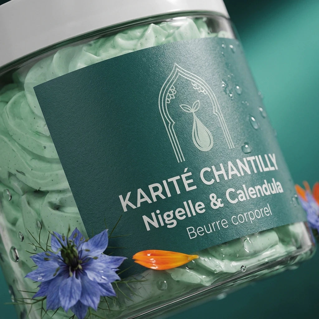 Pot de beurre corporel Karité Chantilly Nigelle & Calendula, étiquette verte, couvercle blanc.