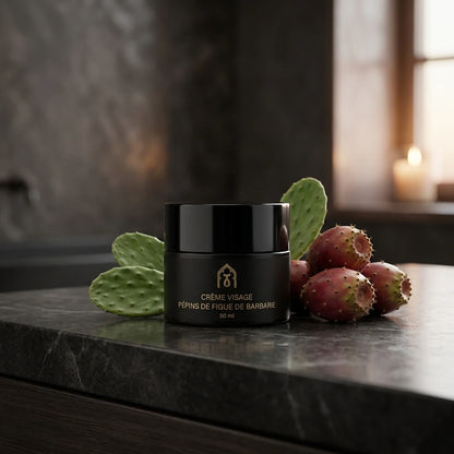 Pot de crème visage noir sur surface, entouré de fruits de figue de barbarie.