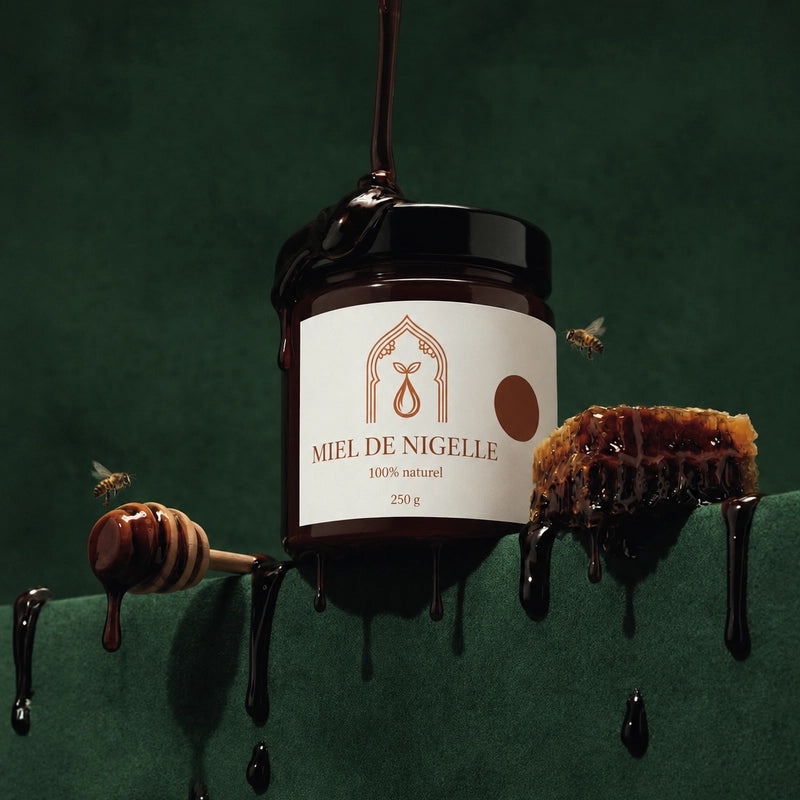 Bocal de miel de nigelle 250 g, miel qui dégouline, alvéoles à côté