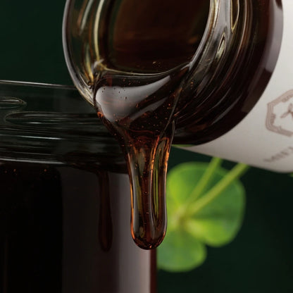 Miel d’euphorbe brun foncé qui s’écoule, gouttes épaisses depuis un pot