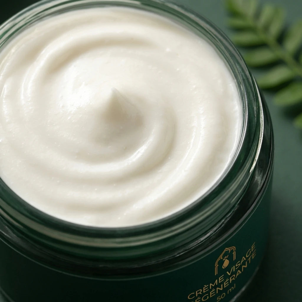 Crème visage régénérante : texture blanche et onctueuse dans un pot vert foncé.