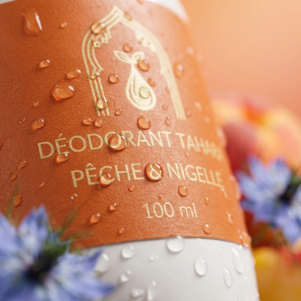 Déodorant en stick, gros plan étiquette brune « Pêche & nigelle » et « 100 ml ».