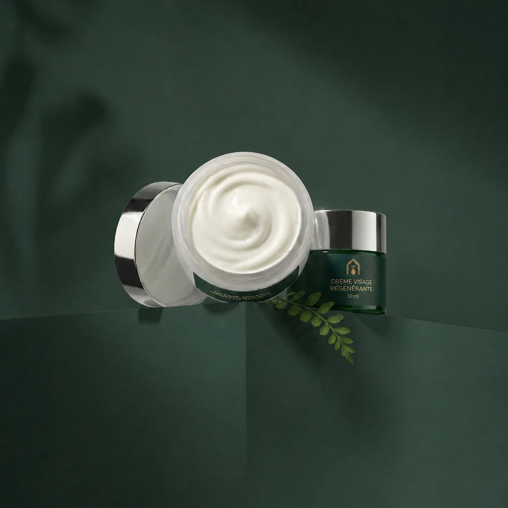 Crème visage régénérante au pot : texture blanche, couvercle argent visible.