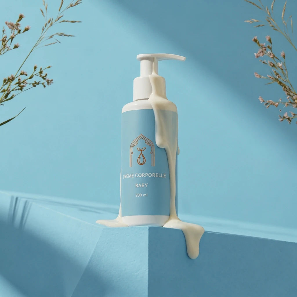 Crème corporelle Baby en flacon blanc à pompe, étiquette bleu clair et crème coulante.