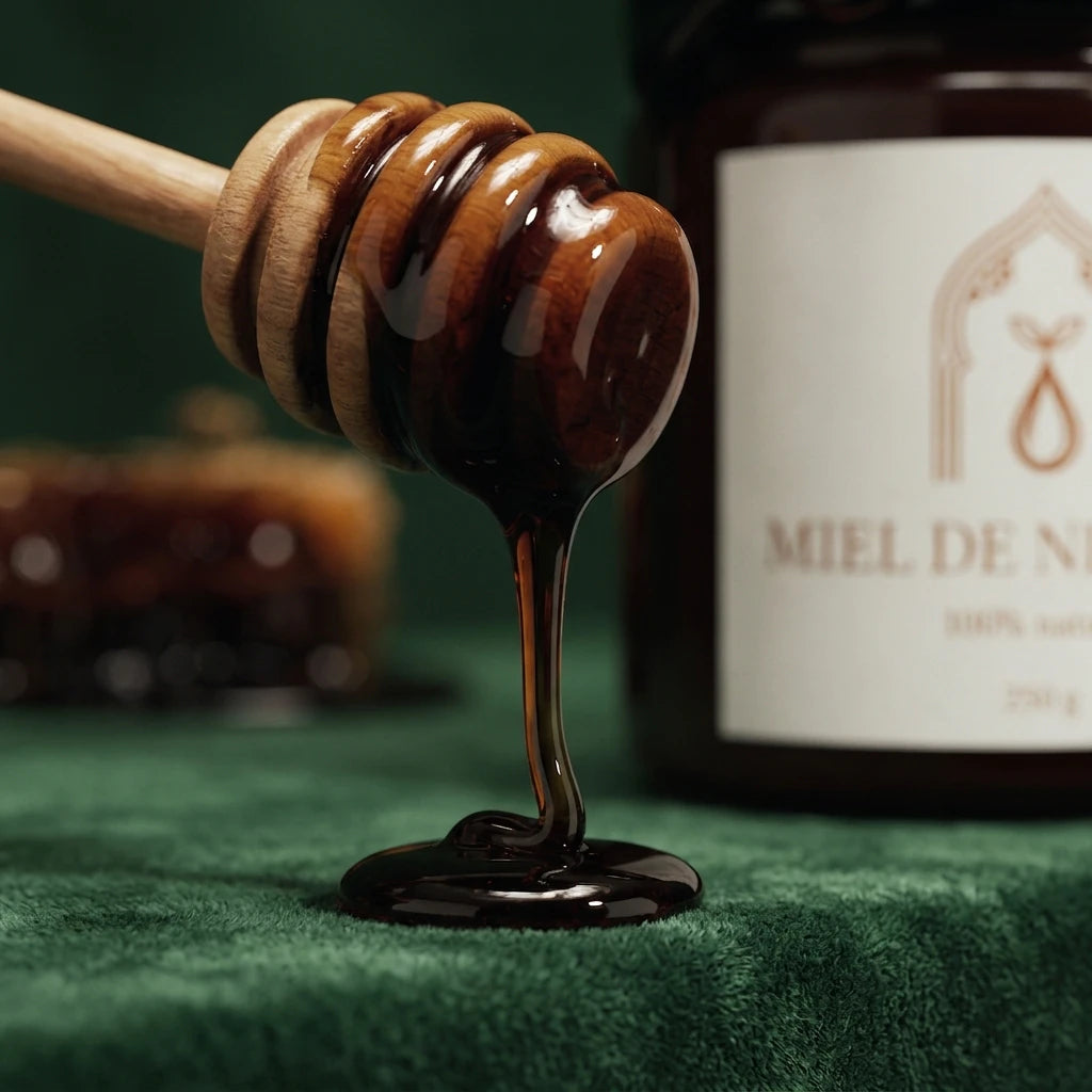 Cuillère en bois de miel de nigelle, filet de miel vers l’avant, pot visible