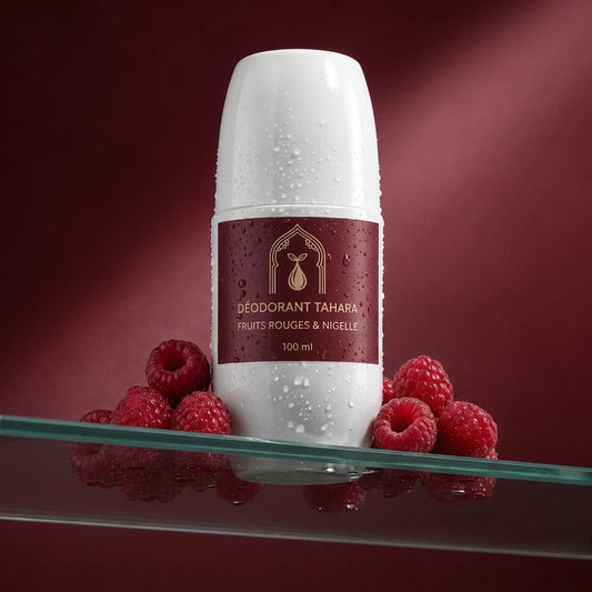 Déodorant Tahara blanc, capuchon et étiquette bordeaux, 100 ml.