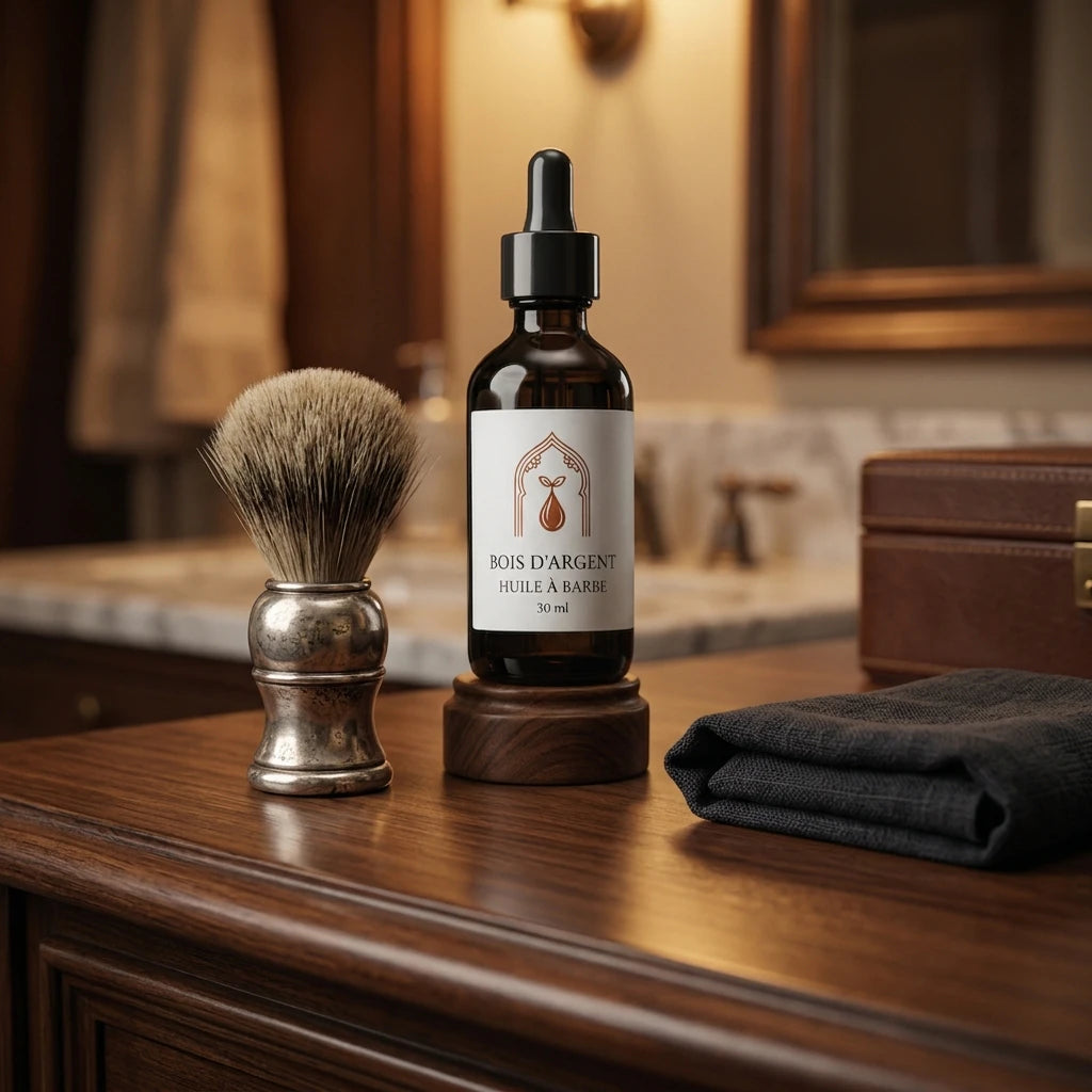 Flacon d’huile à barbe avec pipette noire et étiquette beige