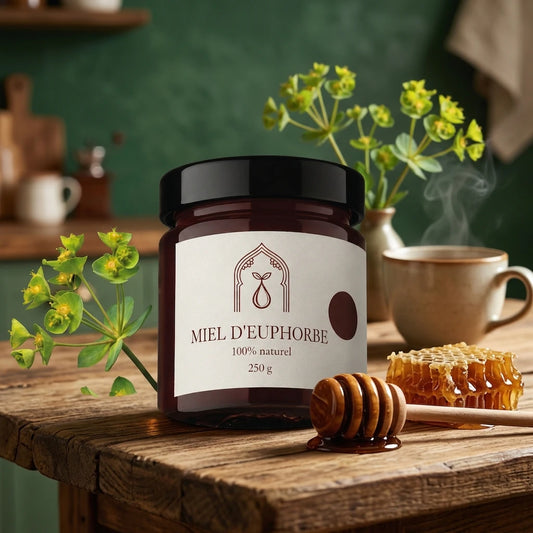 Pot de miel d’euphorbe ambré, couvercle noir, étiquette blanche 250 g