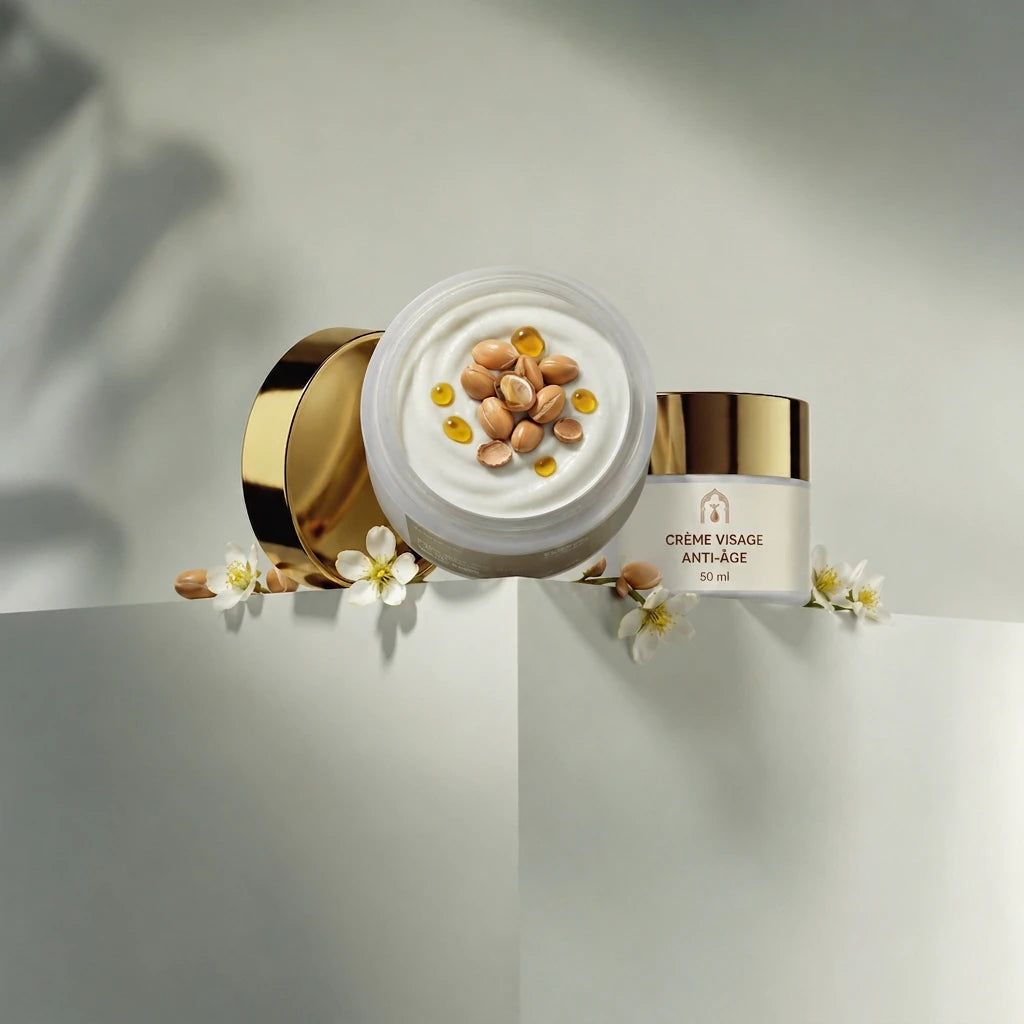 Pot de crème anti-âge blanc avec capot doré, crème visible au centre