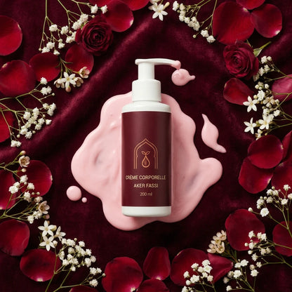 Crème pour le corps Aker Fassi, flacon brun à pompe blanche avec texture crème rose