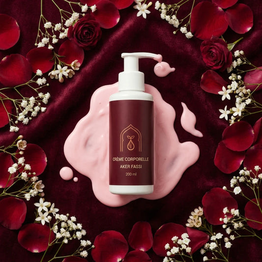 Crème pour le corps Aker Fassi, flacon brun à pompe blanche avec texture crème rose