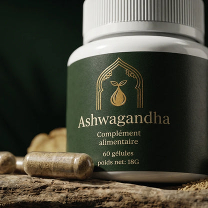 Bocal de complément alimentaire Ashwagandha en gros plan : étiquette verte et gélules.