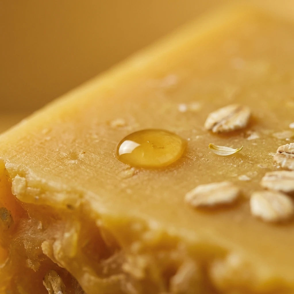 Goutte de miel sur savon jaune avec flocons d’avoine en relief