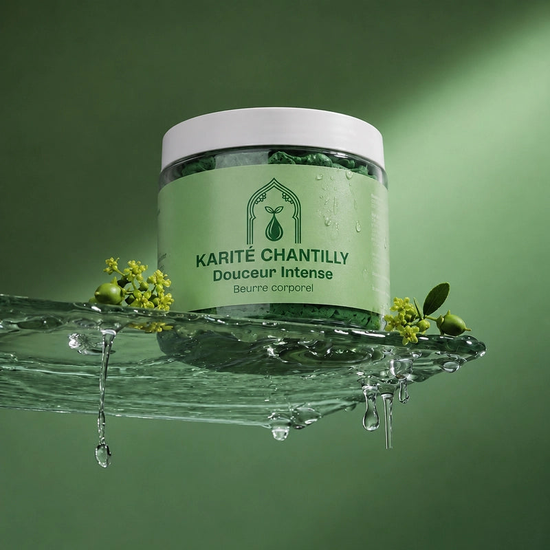 Pot de beurre corporel Karité Chantilly Douceur Intense, face avant, éclaboussures d’eau.