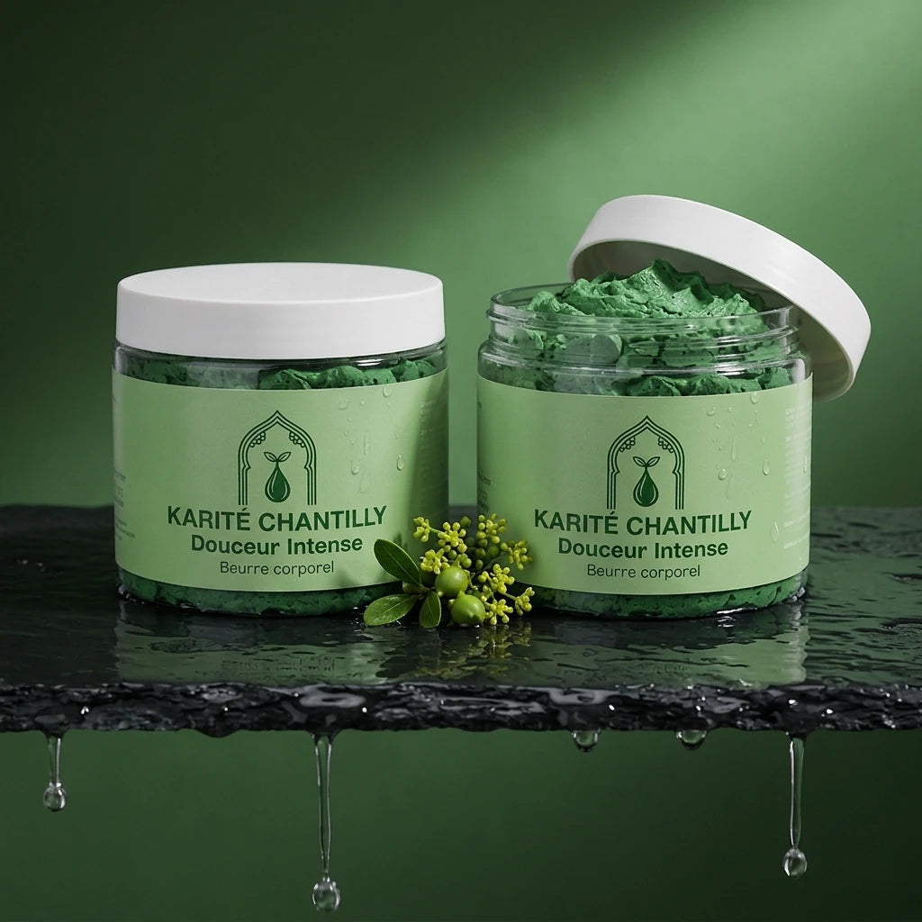 Deux pots de beurre corporel Karité Chantilly Douceur Intense, couvercles blancs, eau.