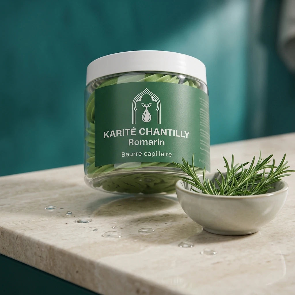 Pot de beurre de karité chantilly au romarin vert avec brin de romarin à proximité.
