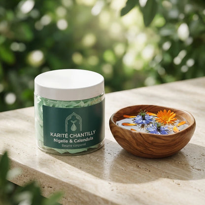 Pot de beurre corporel Karité Chantilly Nigelle & Calendula avec fleurs dans un bol en bois.