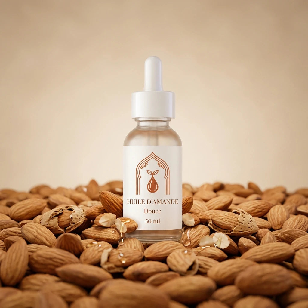 Flacon d’huile d’amande douce 50 ml, compte-gouttes, posé sur un lit d’amandes.