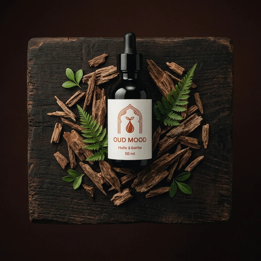 Huile à barbe Oud mood 50 ml : flacon noir sur plaque en bois