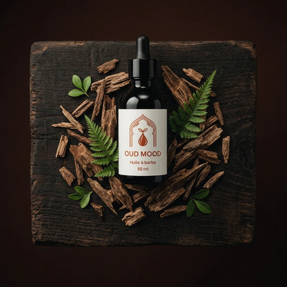 Huile à barbe Oud mood 50 ml : flacon noir sur plaque en bois