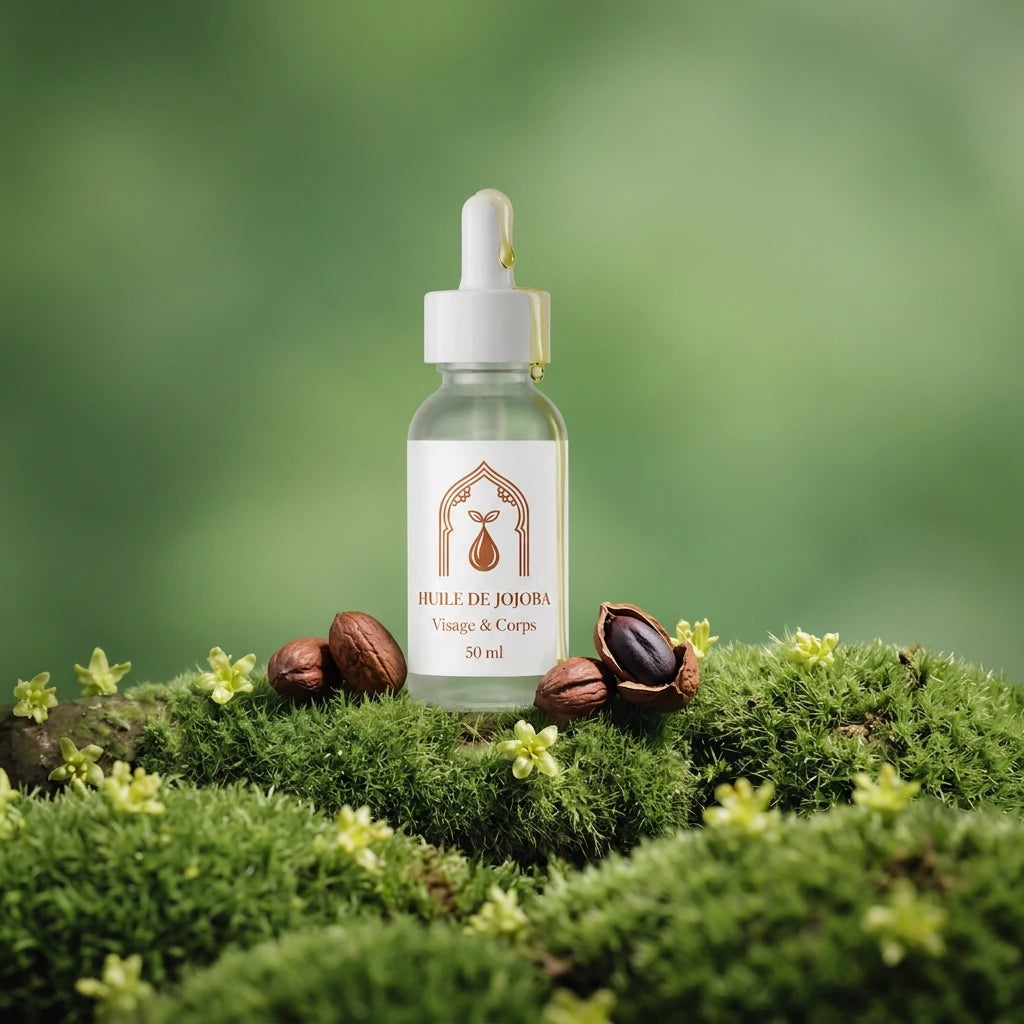 Huile de jojoba en flacon blanc sur mousse verte, graines de jojoba autour