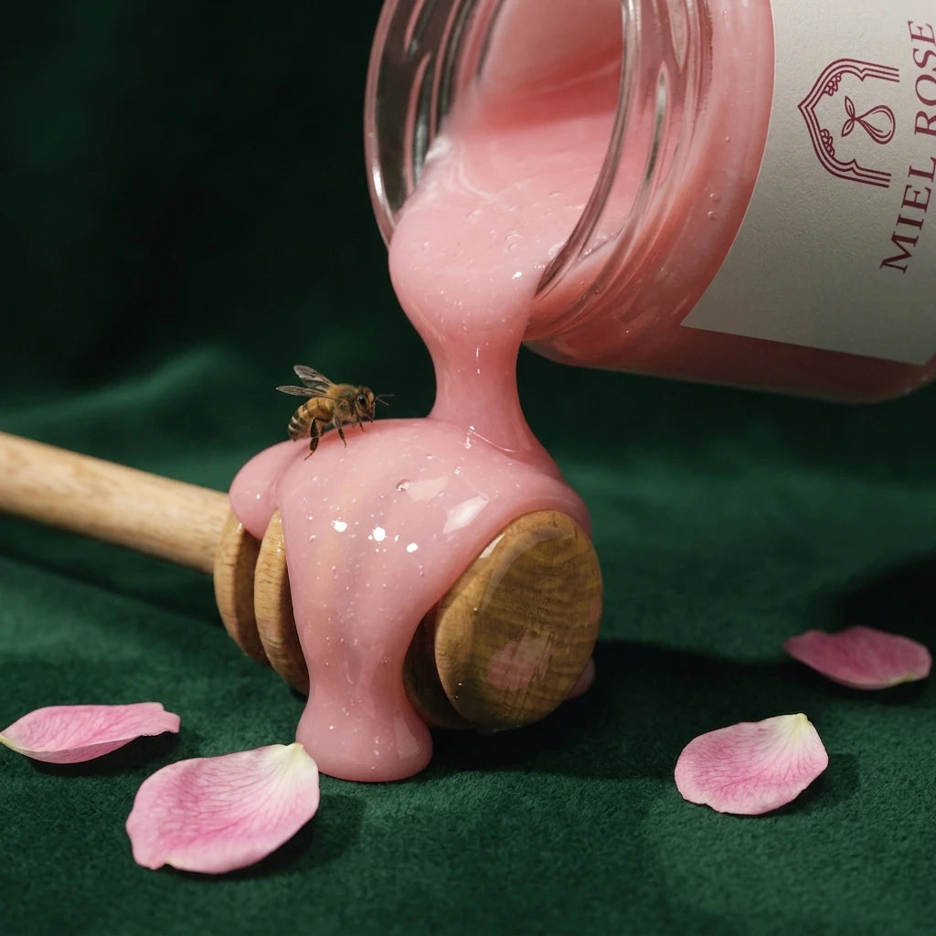 Pot versant du miel rose sur un morceau de cire, abeille près de la cuillère en bois