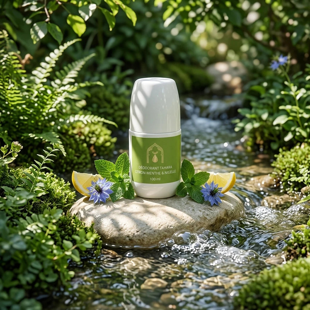 Déodorant Tahara en stick, capuchon blanc, étiquette verte citron-menthe & nigelle.