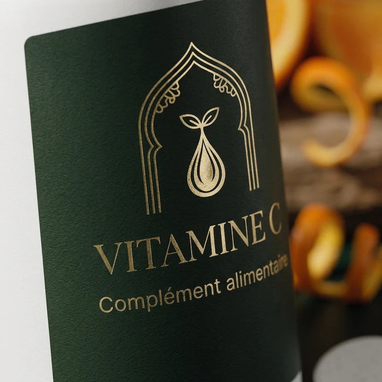Bocal vert Vitamine C : gros visuel du flacon doré et mention « Complément alimentaire »