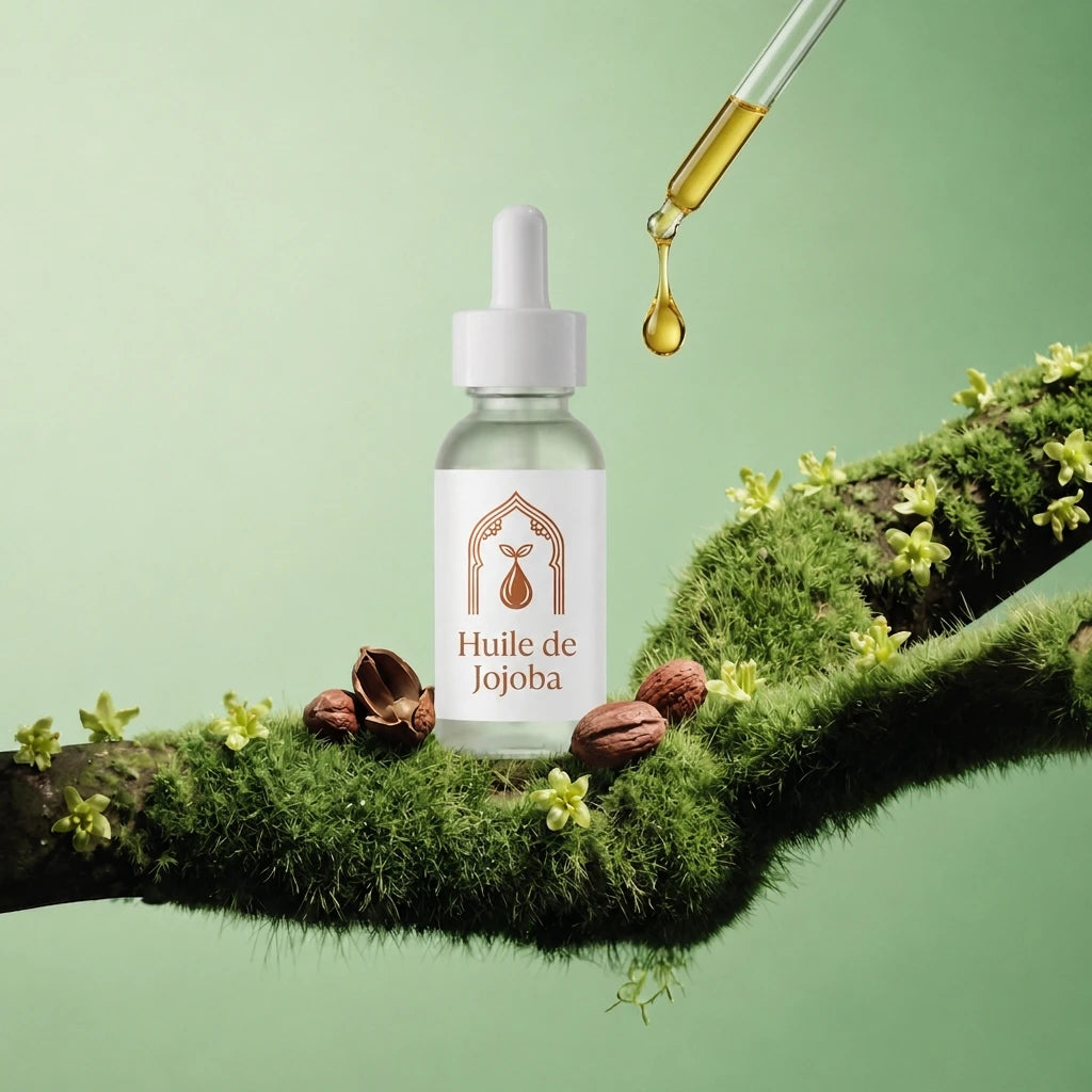 Huile de jojoba en flacon compte-gouttes, pipette versant une goutte ambrée