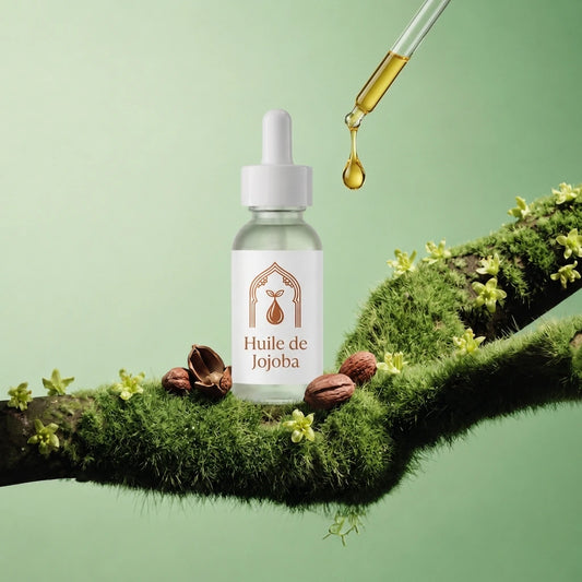 Huile de jojoba en flacon compte-gouttes, pipette versant une goutte ambrée