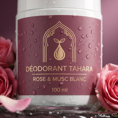 Gros plan du déodorant Tahara : flacon blanc et étui rose décoré, 100 ml