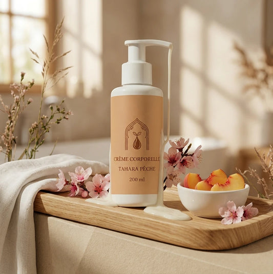 Flacon de crème pour le corps beige Tahara Pêche avec pompe blanche, 200 ml