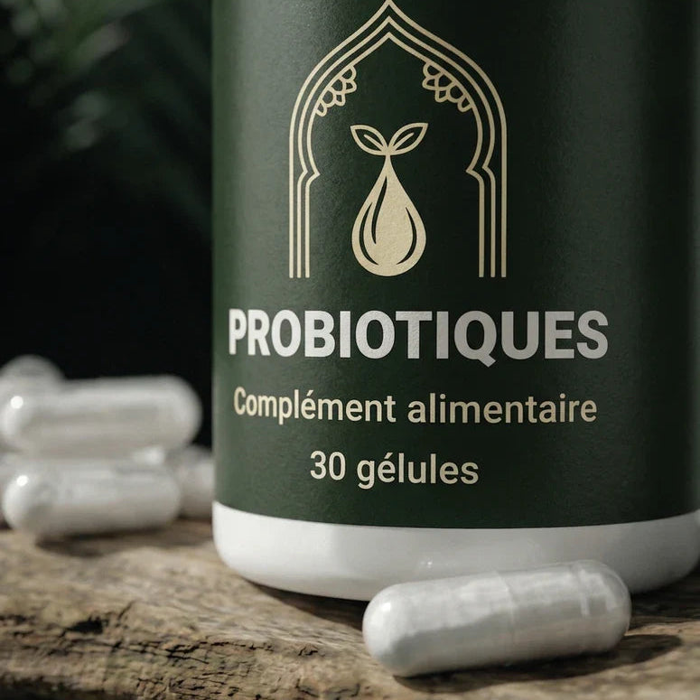 Bocal de probiotiques, étiquette « Probiotiques » et « Complément alimentaire », gélules blanches