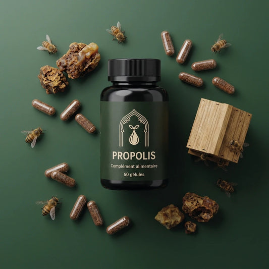 Bouteille de propolis 60 gélules entourée de gélules brunes et de morceaux