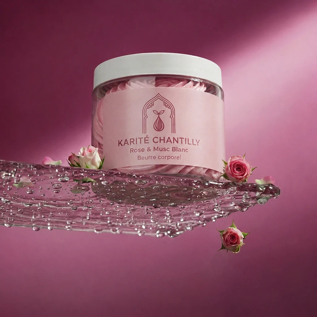 Pot de beurre corporel Karité Chantilly Rose & Musc Blanc, crème rosée visible sous couvercle.