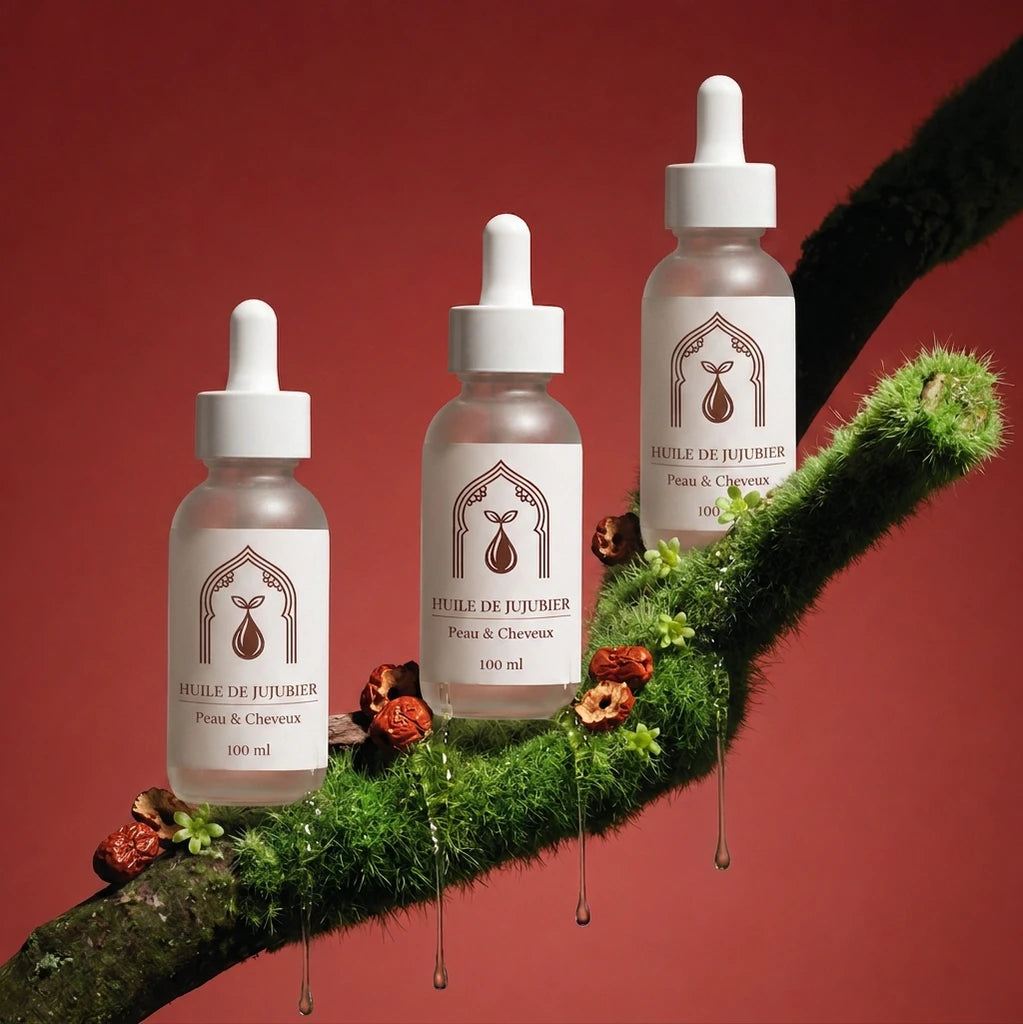 Ensemble de flacons d’huile de jujubier sur branche mousse, pipettes blanches, 100 ml.