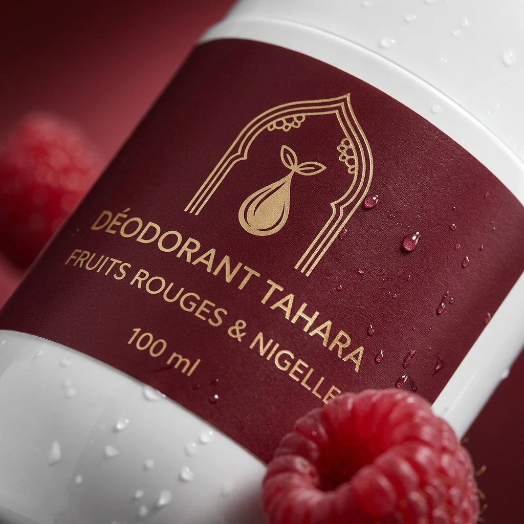 Étiquette du déodorant Tahara fruits rouges & nigelle, 100 ml, fond bordeaux.