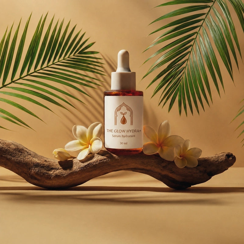 Flacon The Glow Hydra+ 30 ml de sérum hydratant en verre ambré, vue de côté.