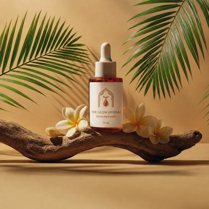 Flacon The Glow Hydra+ 30 ml de sérum hydratant en verre ambré, vue de côté.