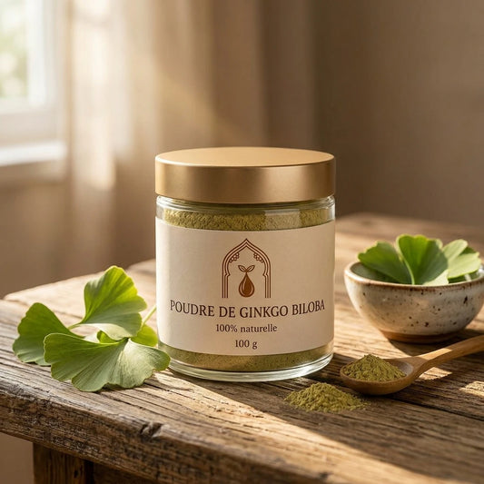Pot en verre de poudre verte de ginkgo biloba, couvercle doré, feuilles de ginkgo
