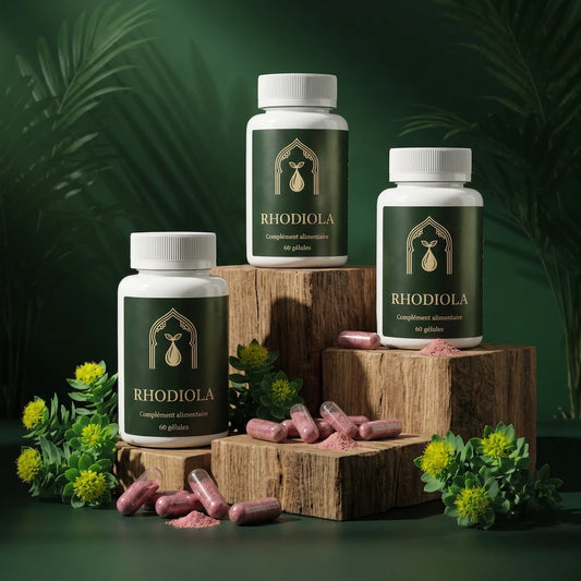 Flacon de compléments Rhodiola 60 gélules, avec capsules roses sur socle en bois.